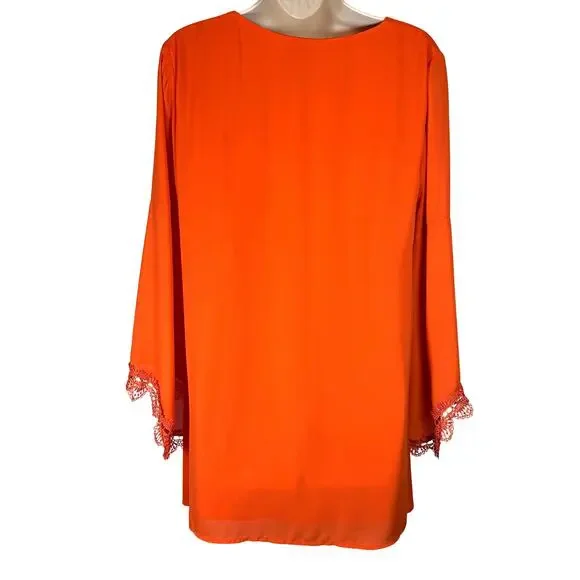 Neiman Marcus Solid Orange V-Neck Crochet Lace Sleeve Blouse Women’s Size Medium - Picture 2 of 8